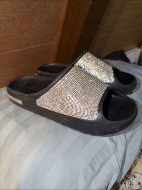 Black Slide Sandals with Crystal Rhinestone Strap